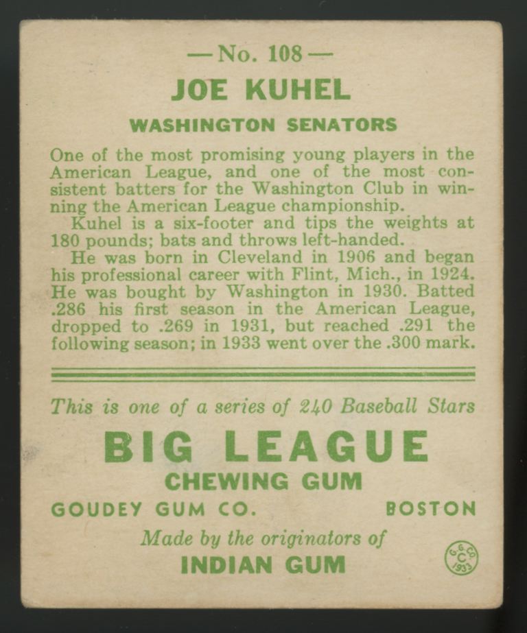 1933 Goudey Joe Kuhel #108 VG/EX