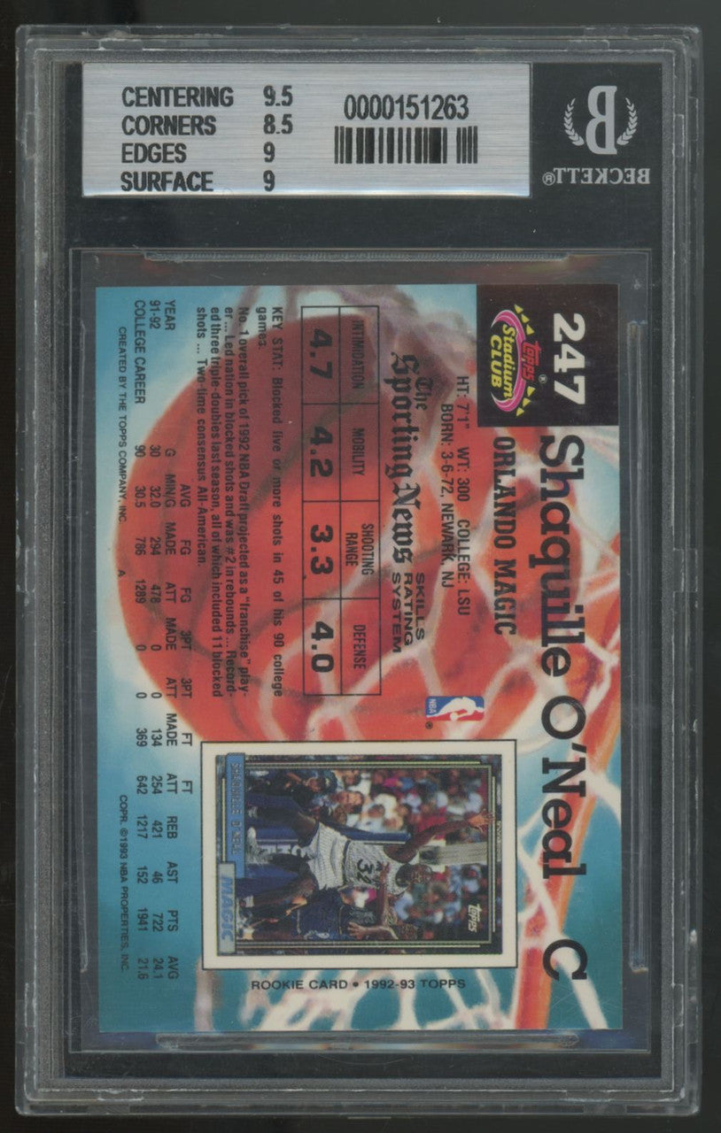 1992-93 Topps Stadium Club Shaquille O'Neal RC #247 BGS 9