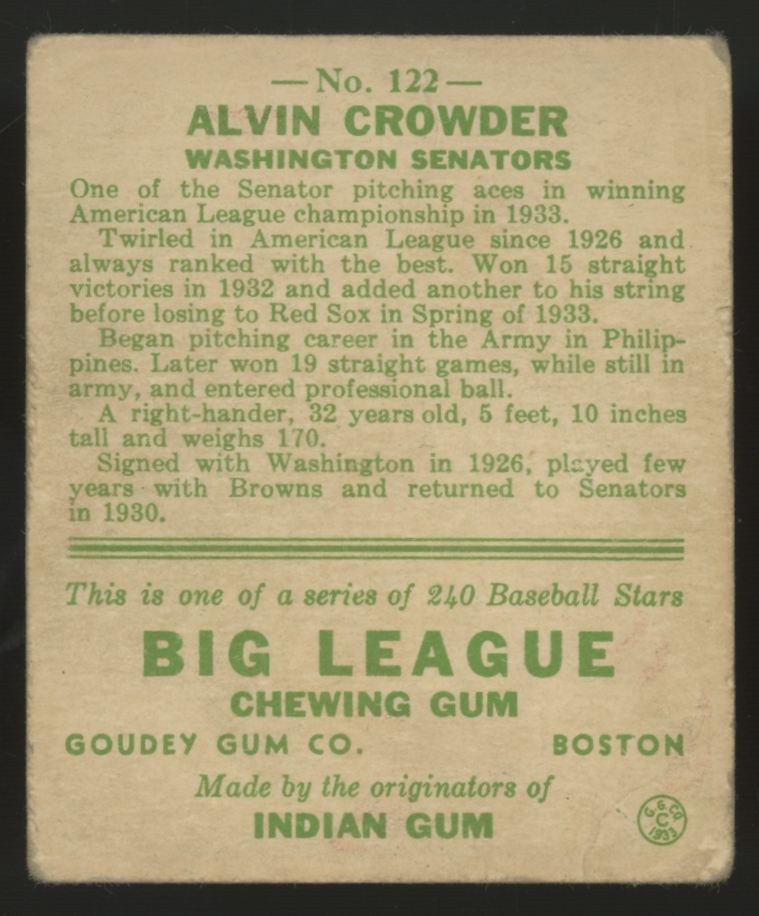 1933 Goudey Alvin Crowder #122 Good