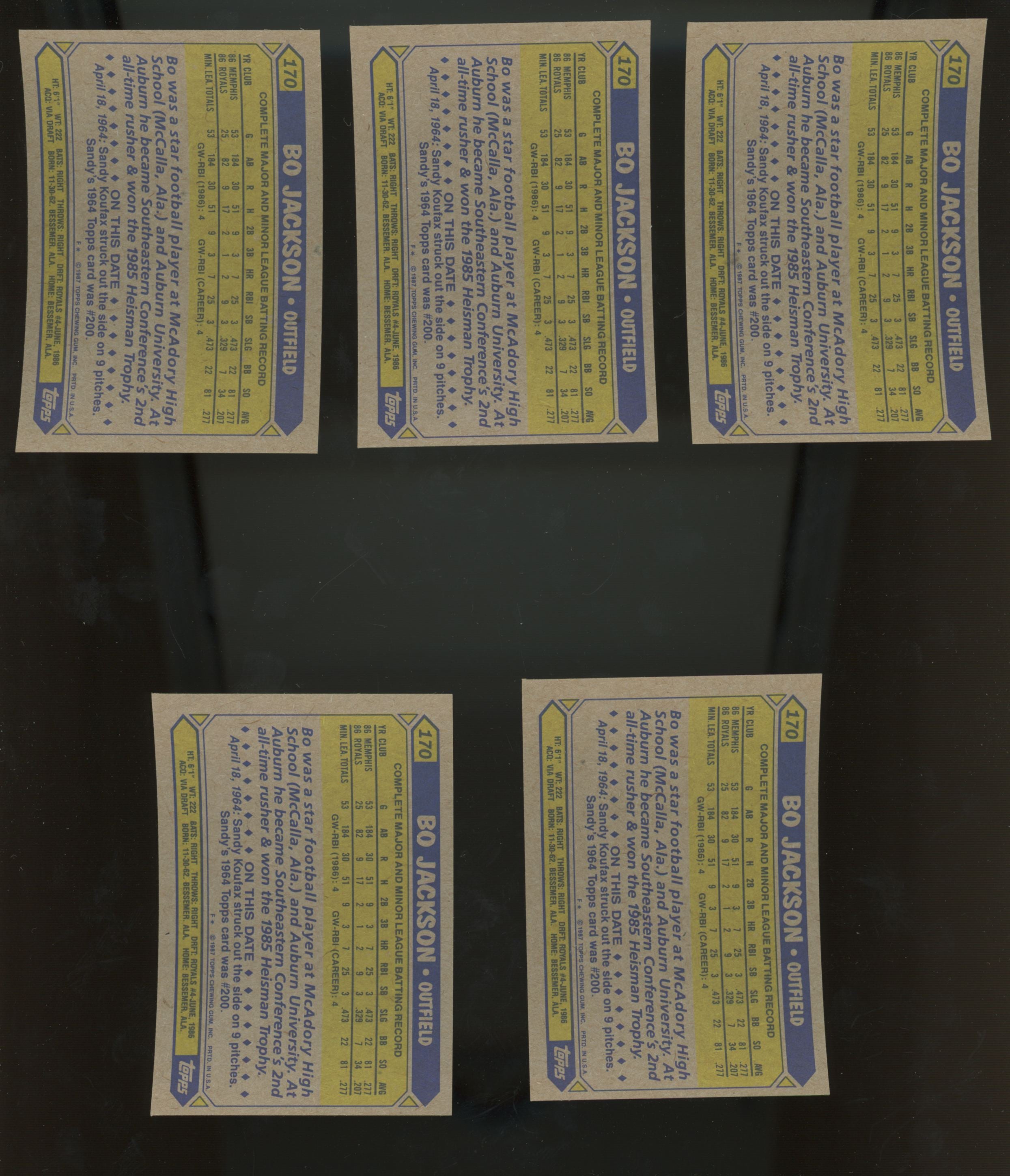1987 Topps Bo Jackson RC #170 Lot of 25 NM-MT "B"