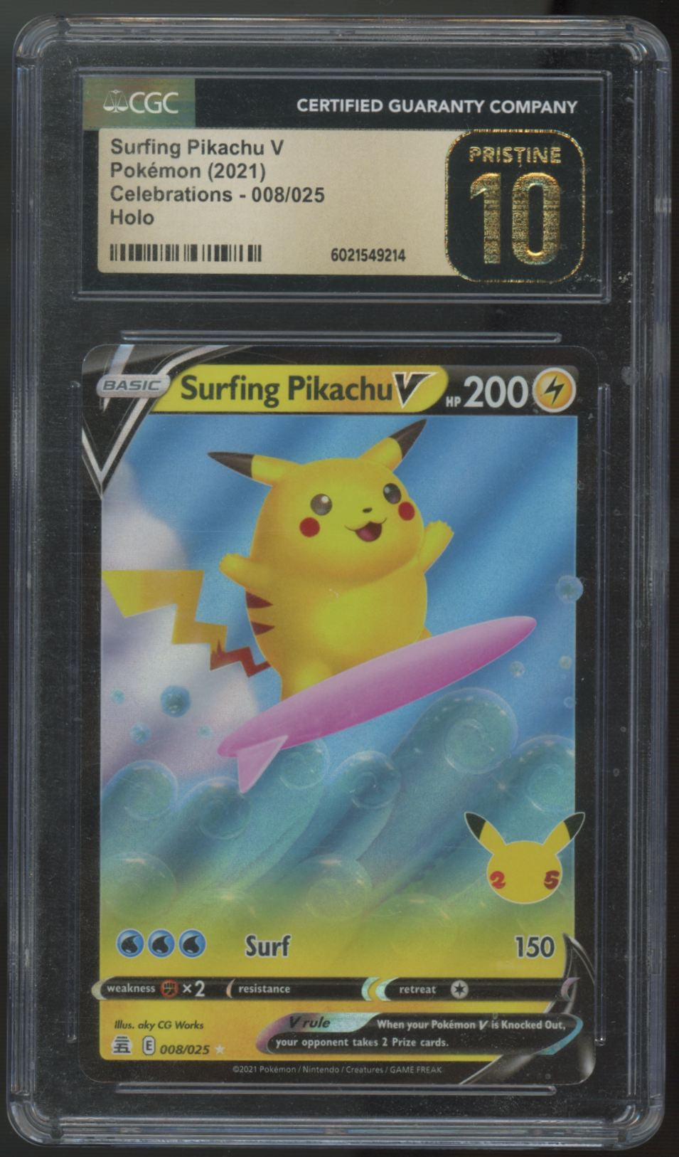 2021 Pokemon Surfing Pikachu V Celebrations Holo #8 CGC Pristine 10