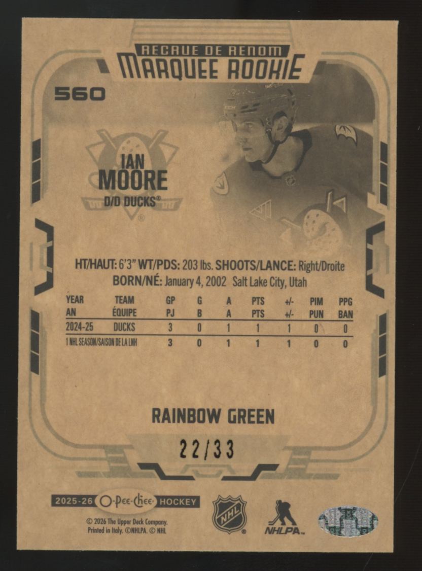 2025-26 O-Pee-Chee Ian Moore RC Marquee Rookie Rainbow Green /33 #560