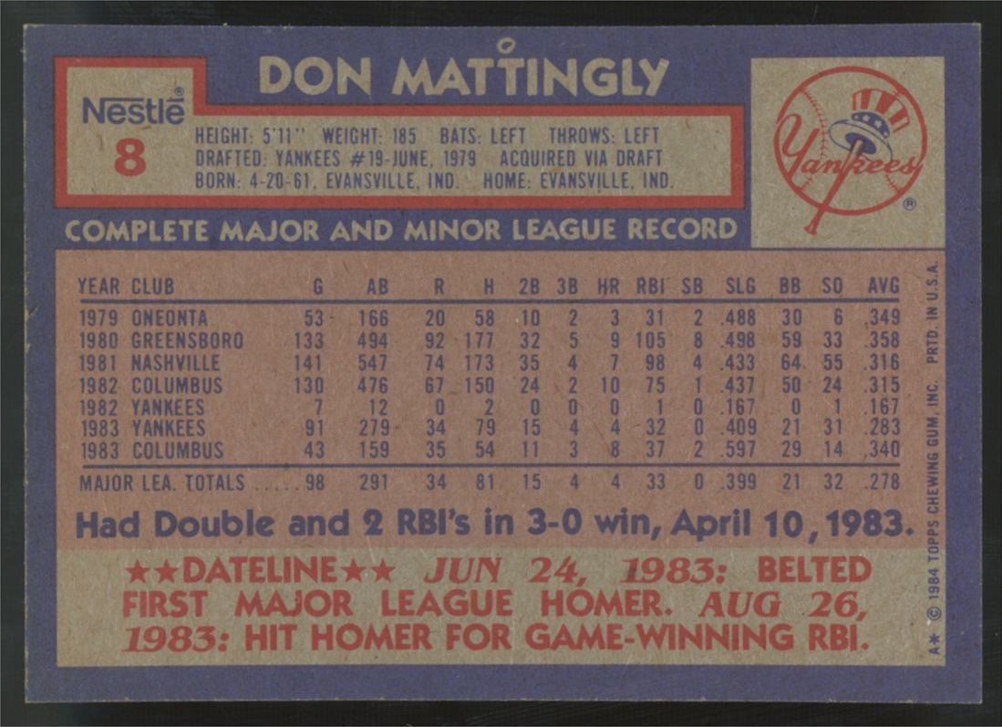 1984 Topps Nestle Don Mattingly RC #8 NM