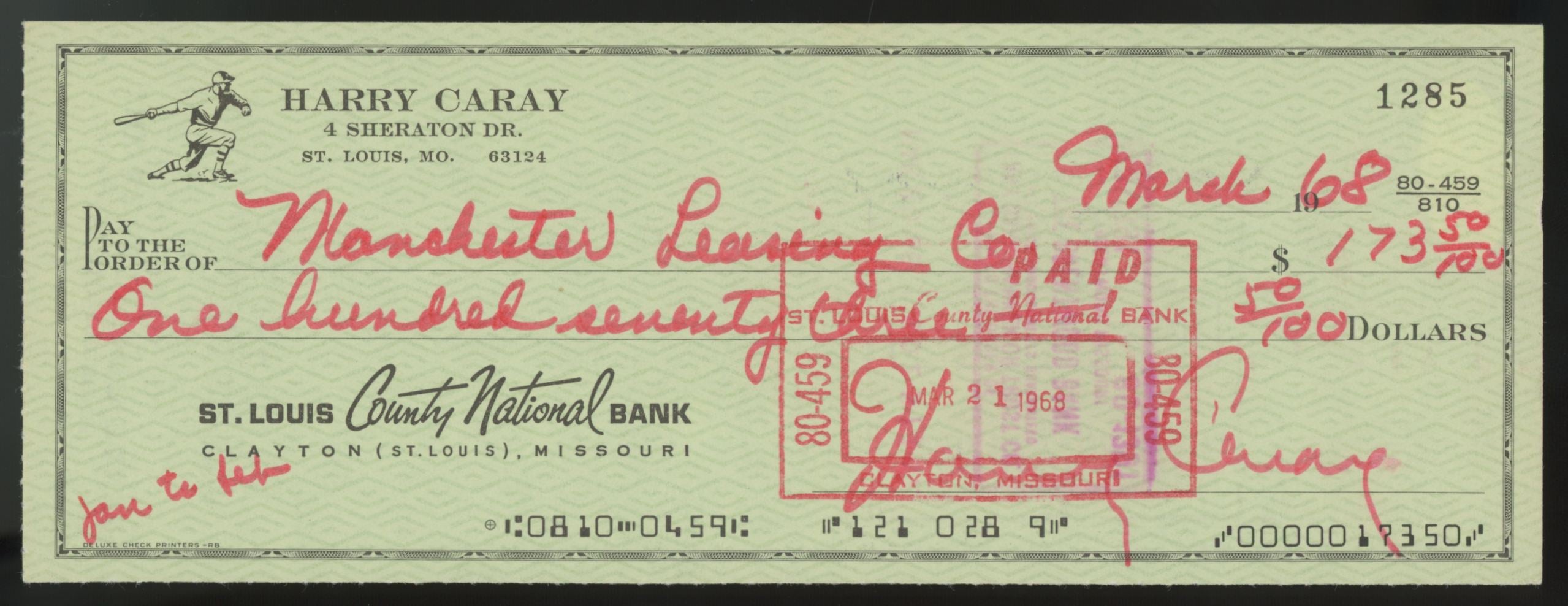 Harry Caray Signed Autographed Check JSA Certified