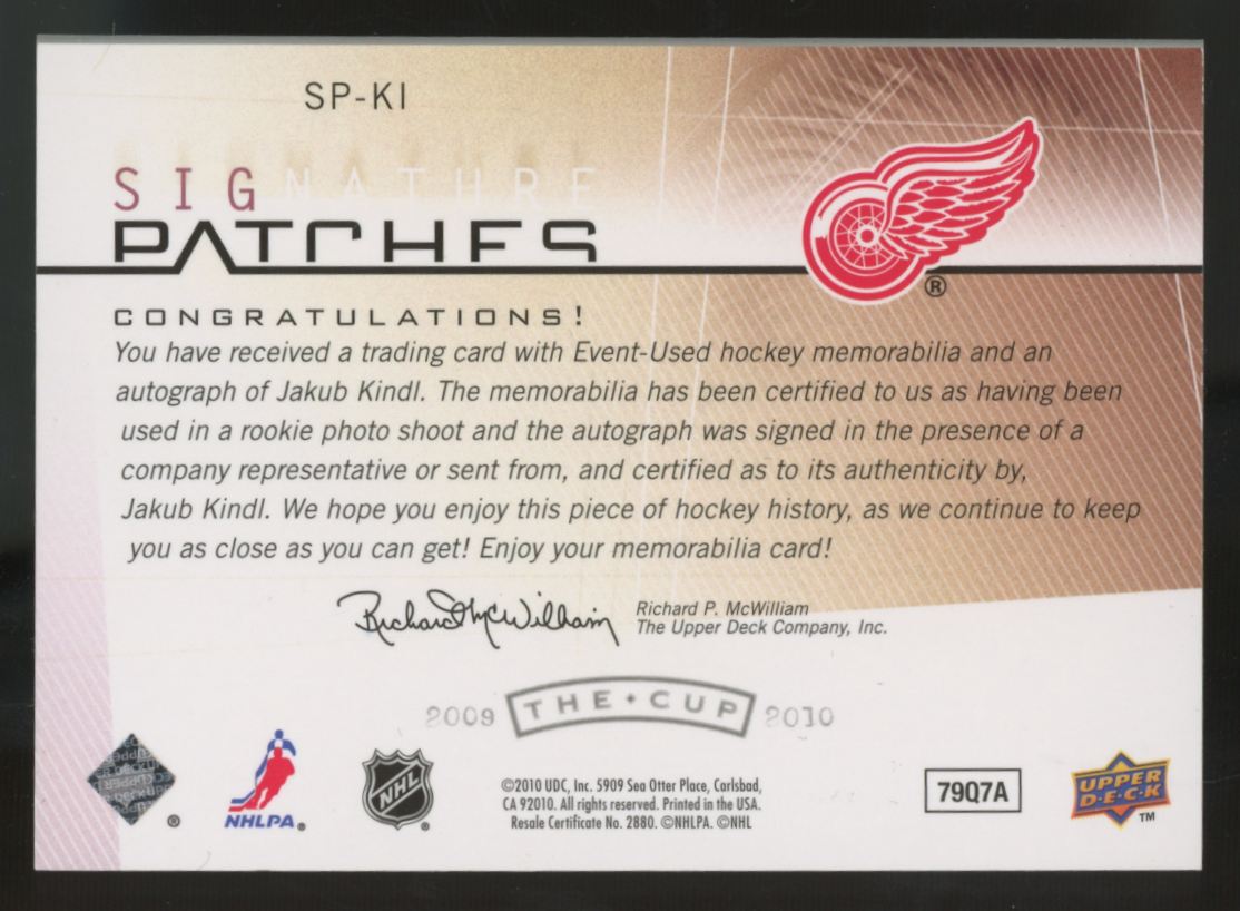 2009-10 Upper Deck The Cup Jakub Kindl Patch Auto /75 #SP-KI