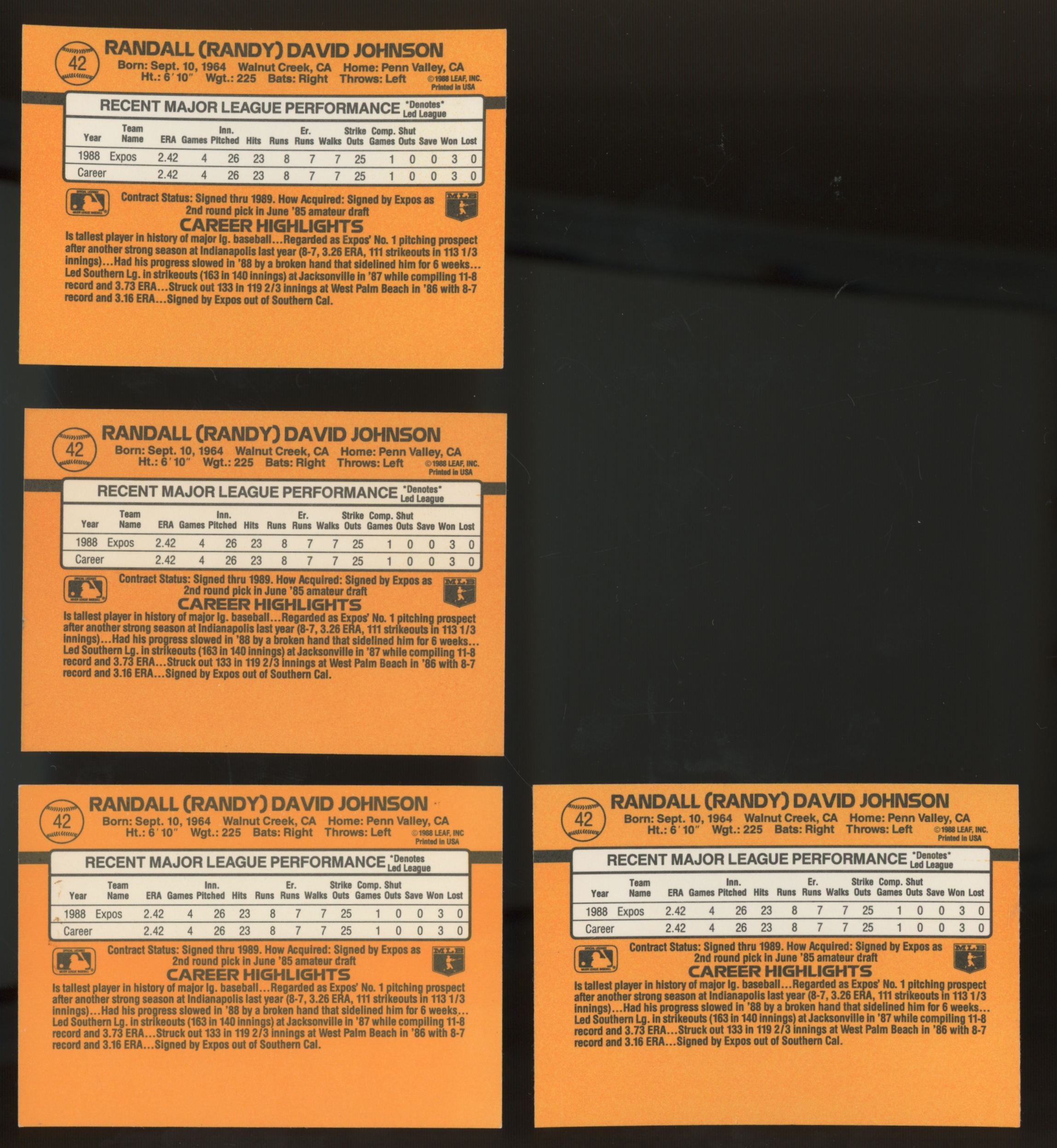 1989 Donruss Randy Johnson RC Rated Rookie #42 (Lot Of 10)
