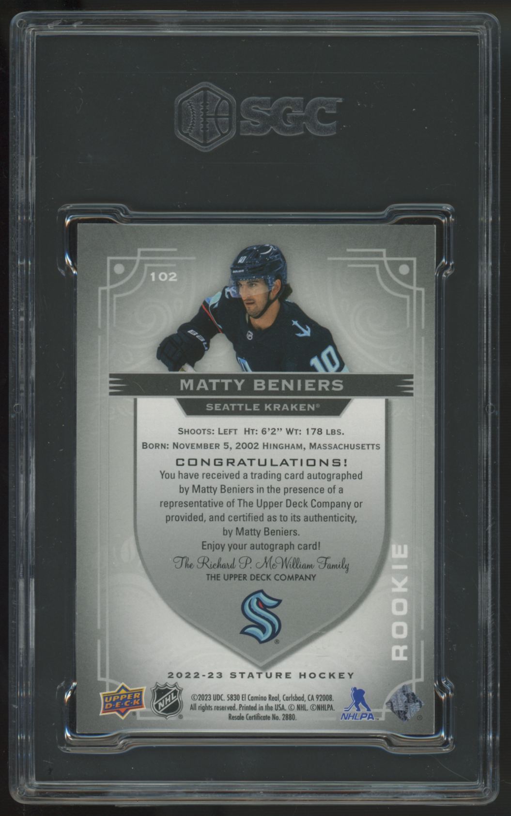 2022-23 Upper Deck Stature Matty Beniers RC Auto /199 #102 SGC 9