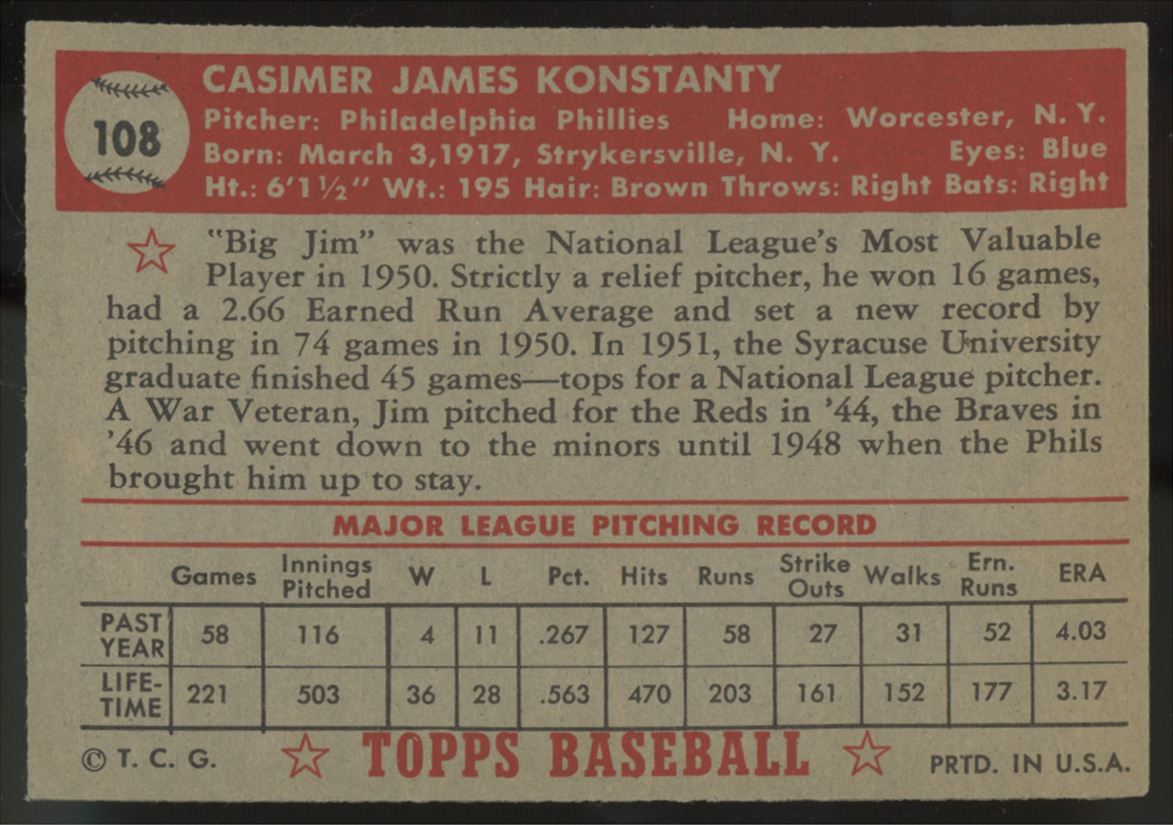 1952 Topps Jim Konstanty #108 EX Centered