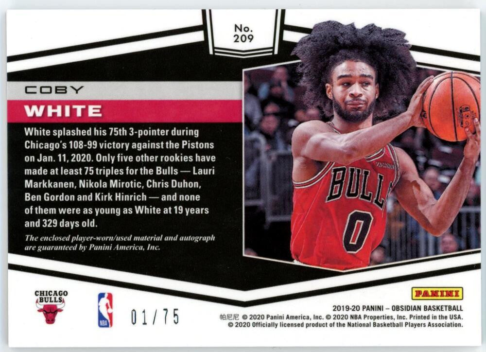 2019-20 Panini Obsidian Coby White Purple Electric Auto Patch RC RPA /75 #209