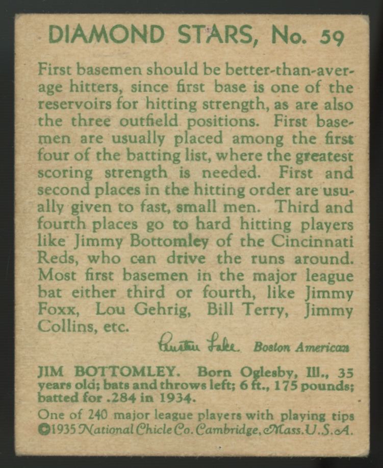 1935 National Chicle Jim Bottomley Diamond Stars #59 Poor (Pin Hole)
