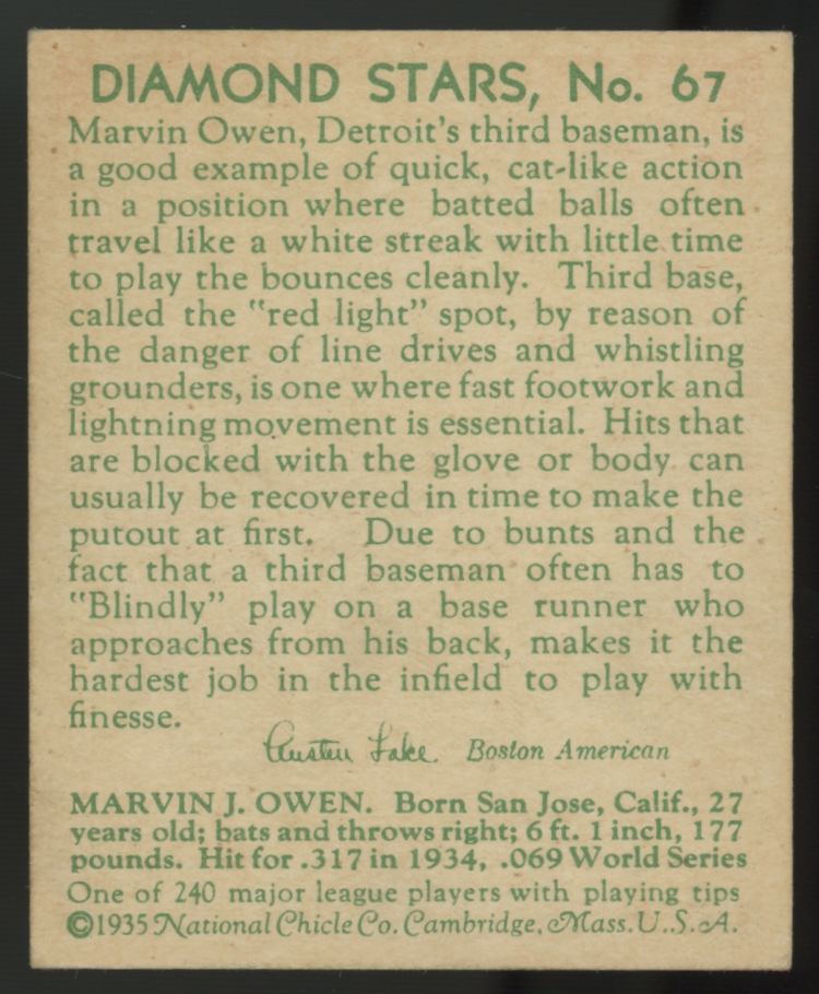 1935 National Chicle Marvin Owen Diamond Stars #67 NM