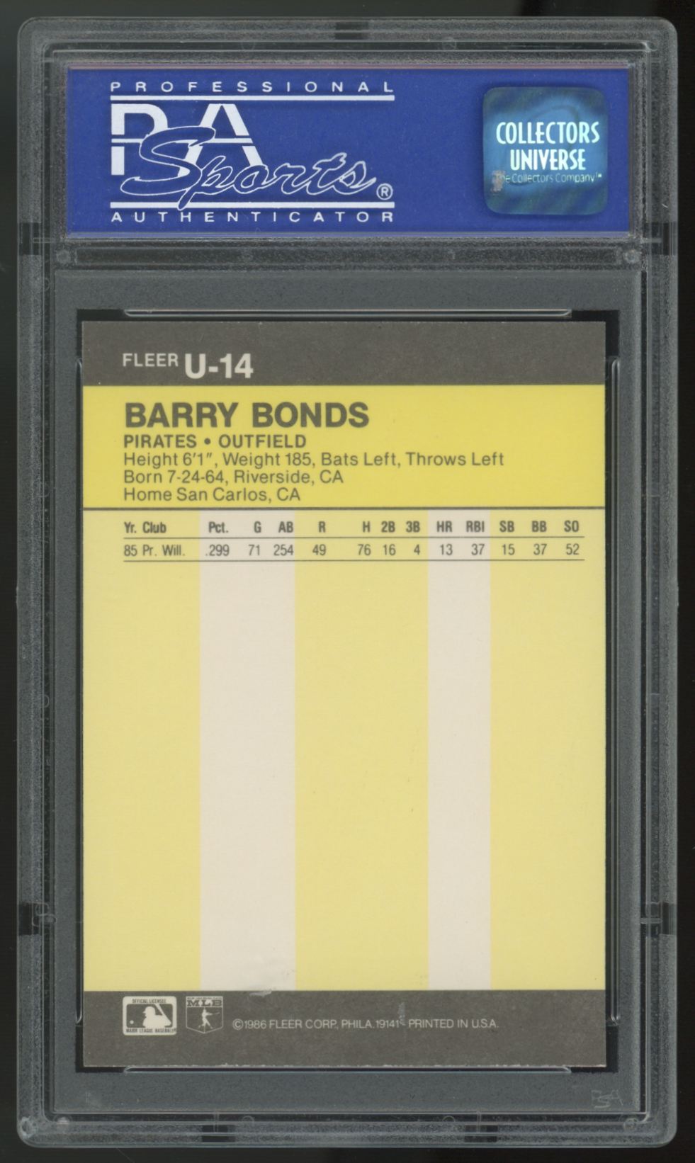 1986 Fleer Update Barry Bonds RC #U-14 PSA 9 *043