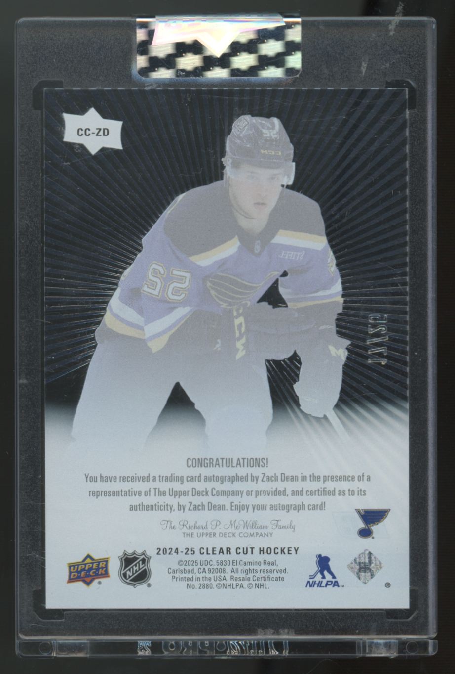2024-25 Upper Deck Clear Cut Zach Dean RC Auto /25 #CC-ZD