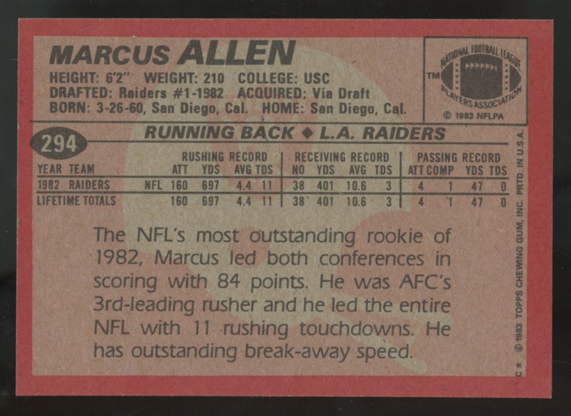 1983 Topps Marcus Allen RC #294 NM-MT "A"