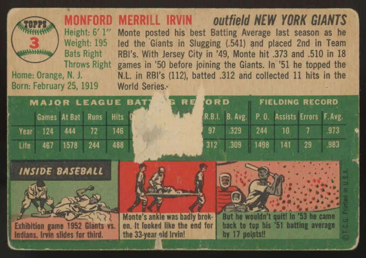 1954 Topps Monte Irvin #3 Poor (Back)