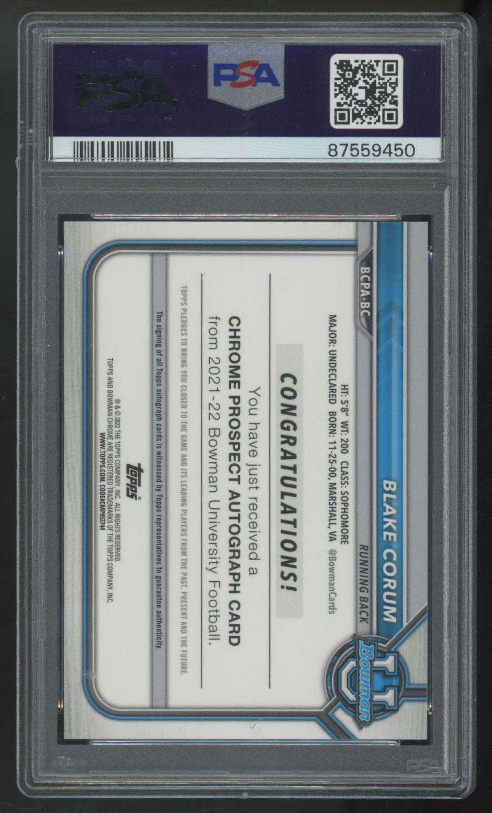 2021 Bowman U Blake Corum 1st Chrome Green Prospect Auto /99 #BCPA-BC PSA 9 10