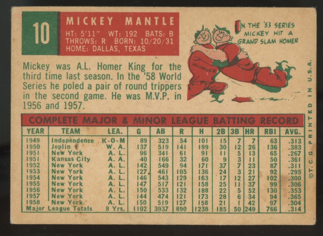 1959 Topps Mickey Mantle #10 G/VG (Creases)