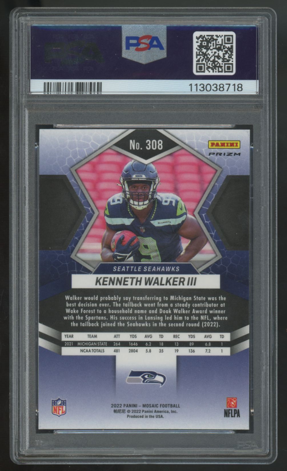2022 Panini Mosaic Kenneth Walker III RC Genesis SSP #308 PSA 10