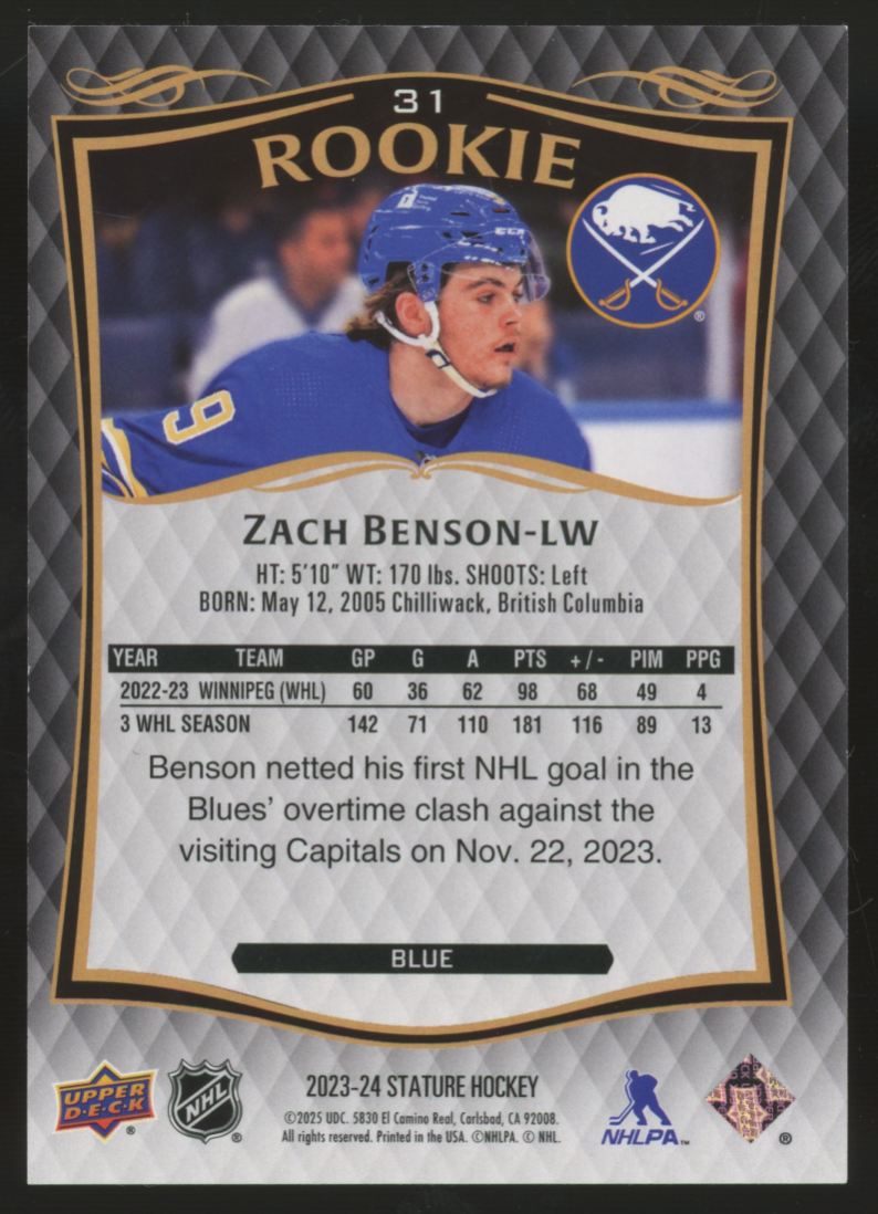 2023-24 Upper Deck Stature Zach Benson RC Blue /99 #31