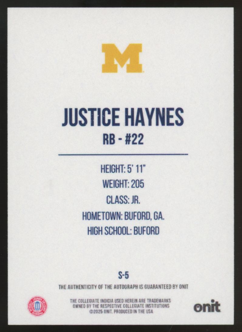 2025 Onit University Of Michigan Justice Haynes Gold Circles Auto /25 #S-5