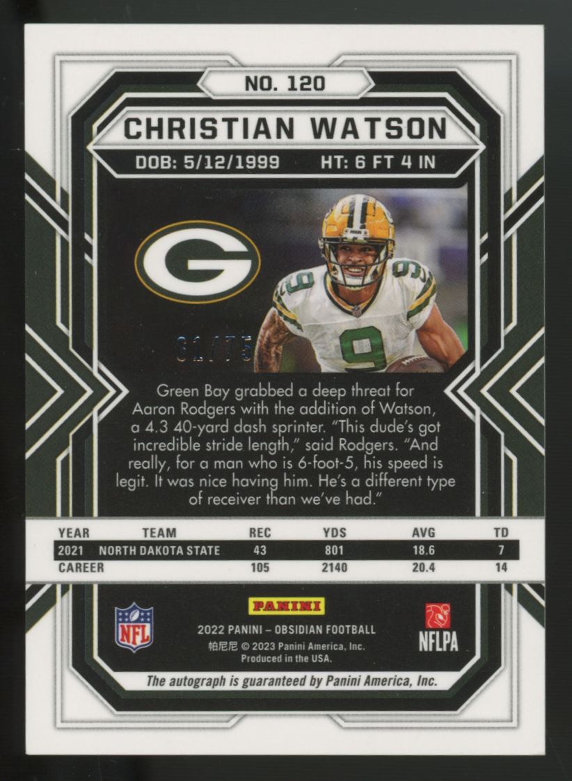 2022 Panini Obsidian Christian Watson RC Orange Auto /75 #120
