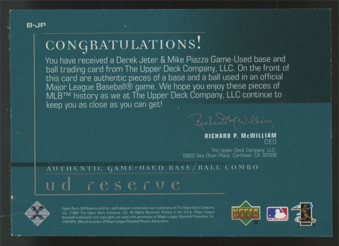2001 Upper Deck Reserve Mike Piazza Derek Jeter Base/Ball Combo Patch #B-JP