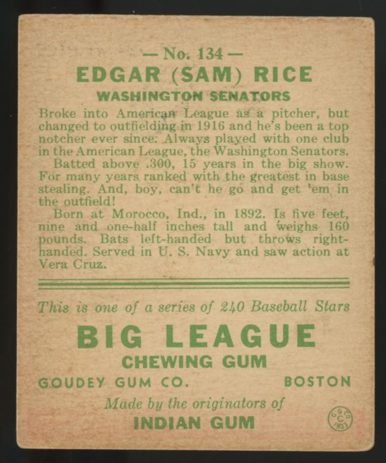1933 Goudey Edgar "Sam" Rice #134 VG+