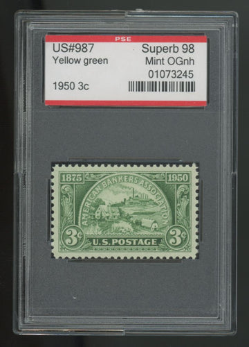1950 American Bankers Association Yellow Green 3 Cent Stamp #987 PSE 98
