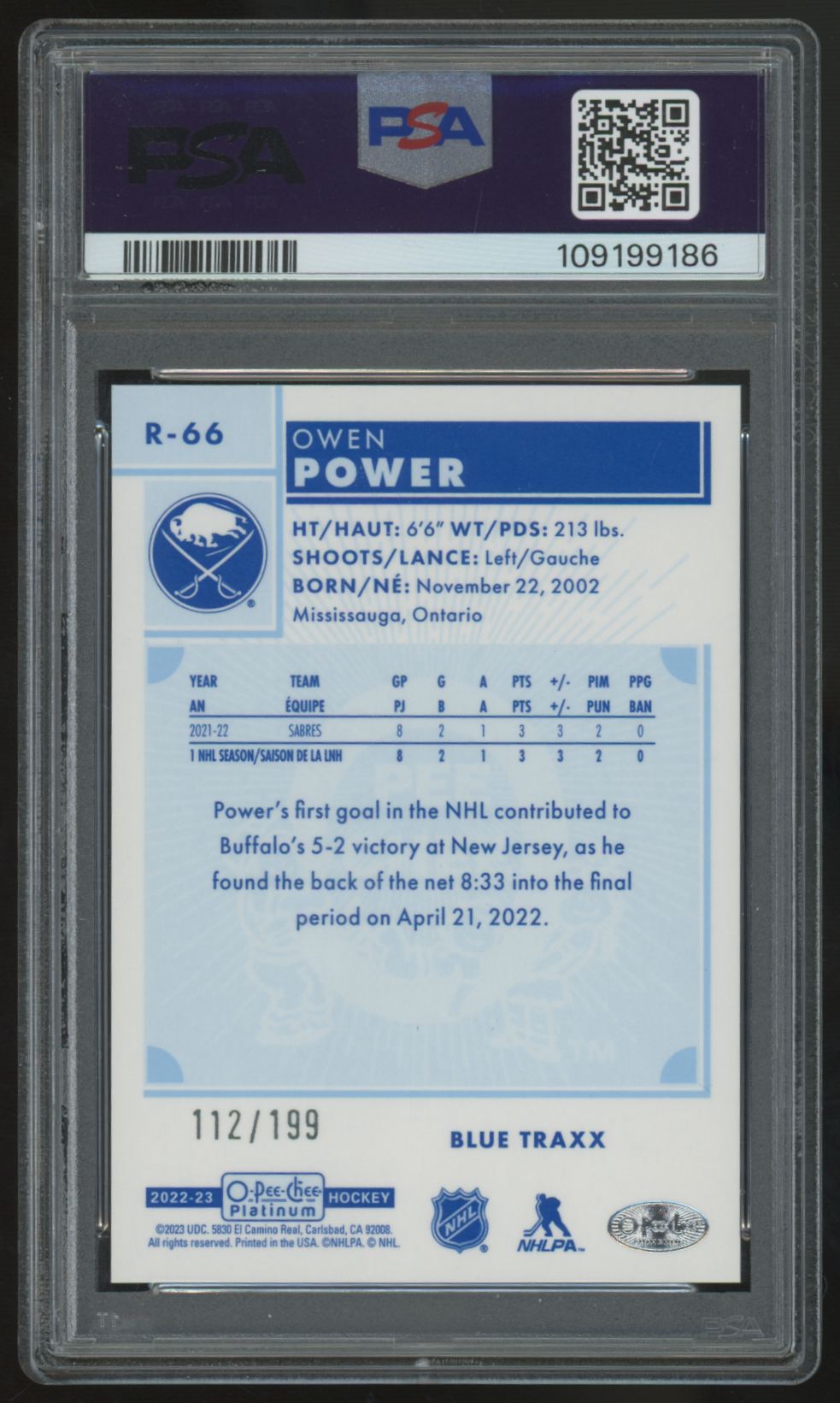 2022-23 OPC Platinum Owen Power RC Retro Blue Traxx /199 #R-66 PSA 10