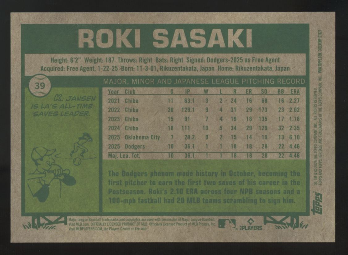 2026 Topps Heritage Roki Sasaki Gold Bordered /50 #39