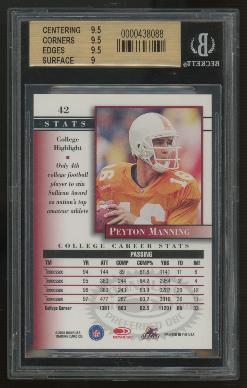 2000 Donruss Preferred QBC Peyton Manning #42 BGS 9.5