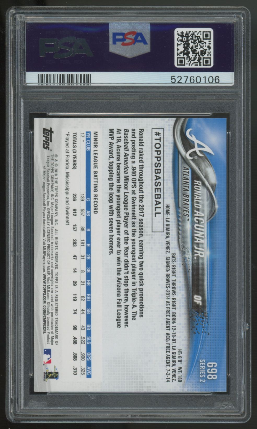 2018 Topps Complete Set Ronald Acuna Jr RC #698 PSA 10