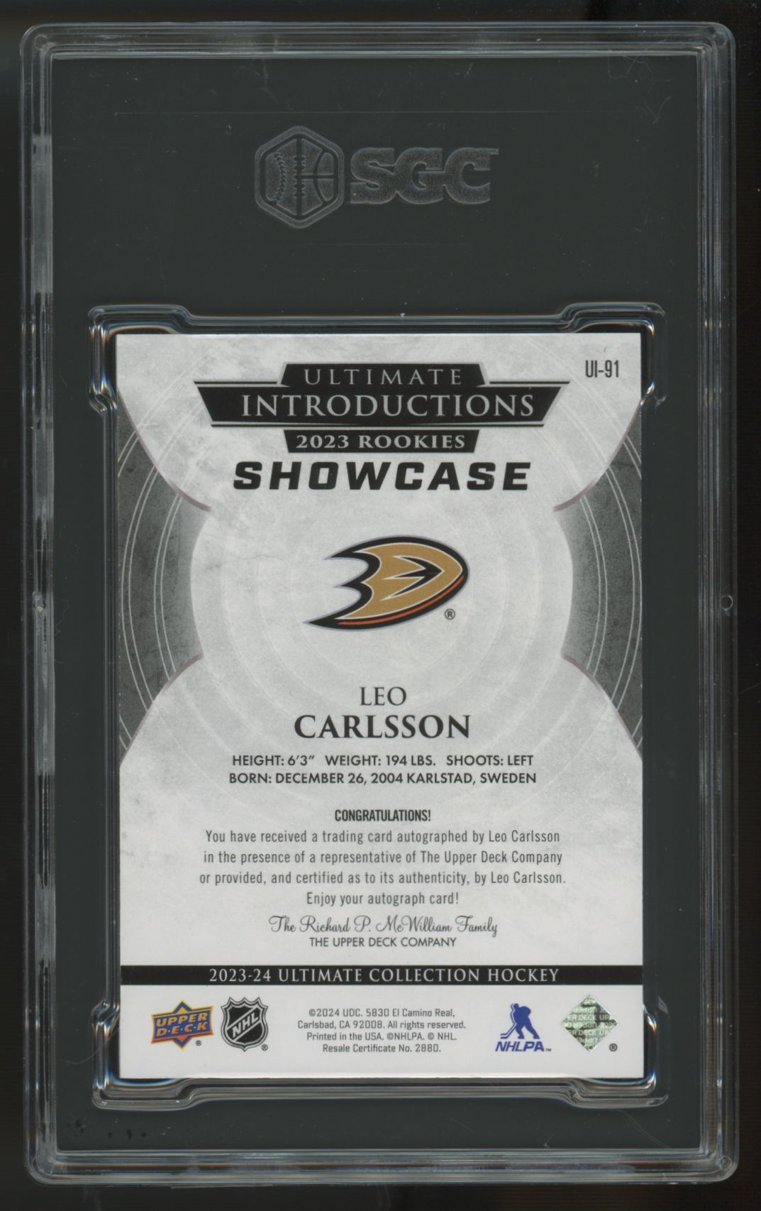 2023-24 UD Ultimate Leo Carlsson RC Ultimate Inroductions Auto Gold /15 SGC 9