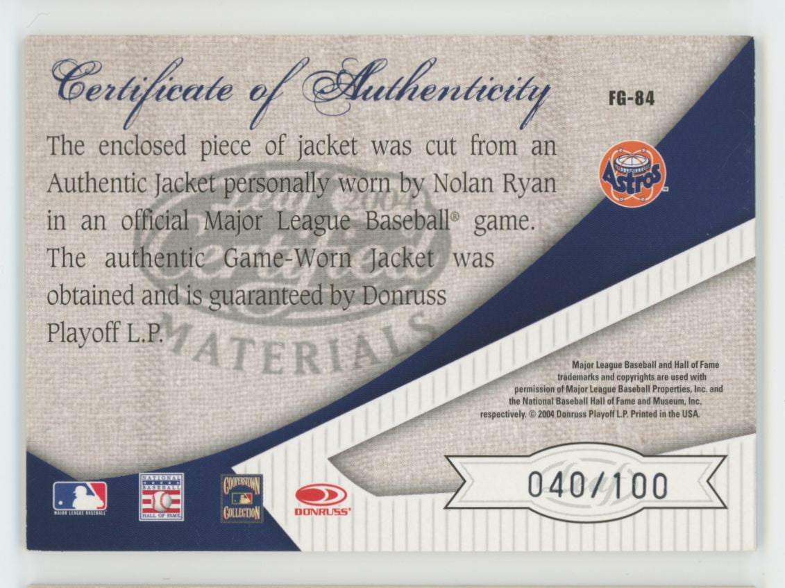 2004 Leaf Certified Materials Nolan Ryan Fabric Of The Game Patch /100 #FG-84