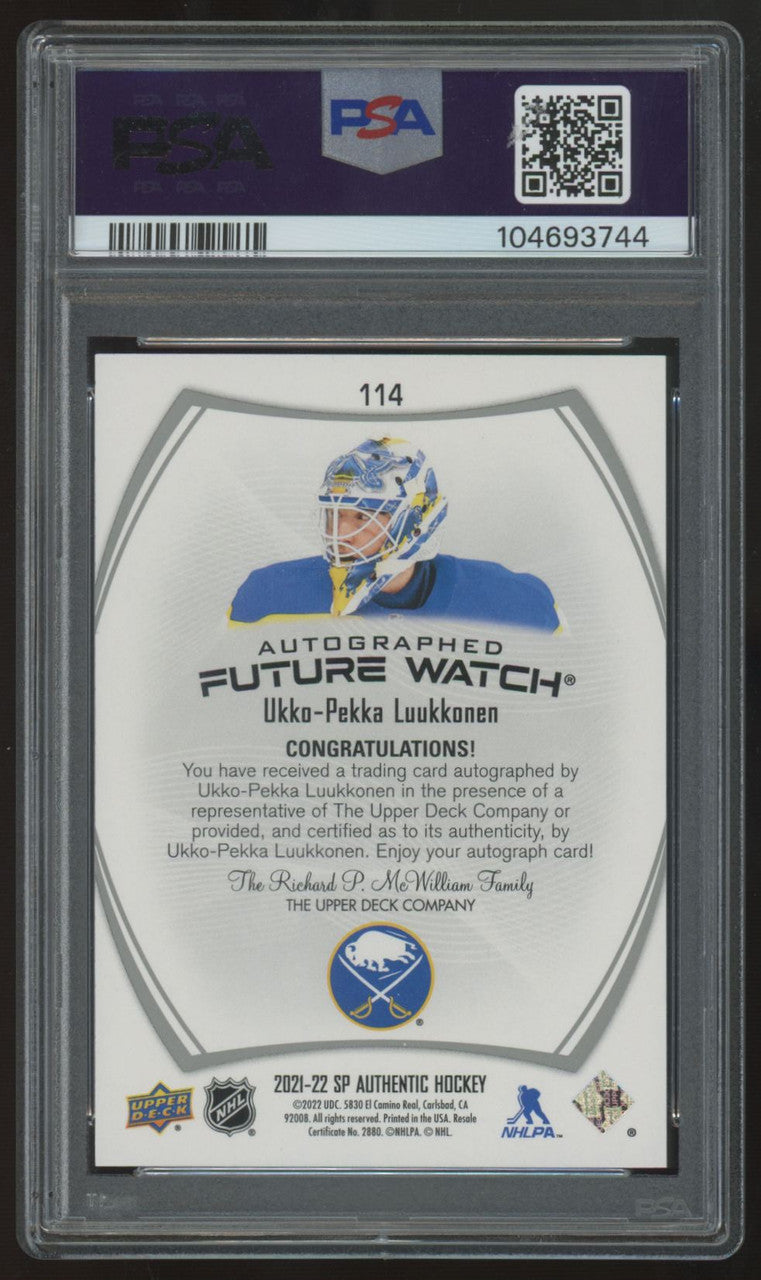 2021-22 SP Authentic Ukko-Pekka Luukkonen Future Watch Auto /999 #114 PSA 10