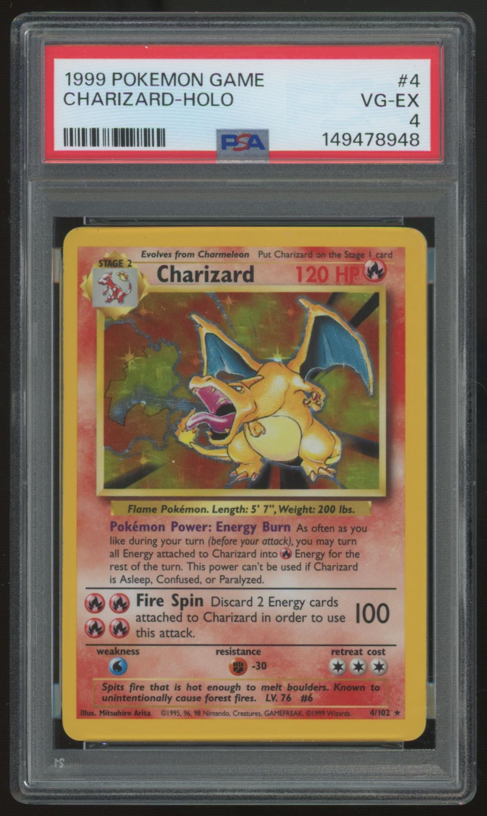 1999 Pokemon Charizard Base Set Unlimited Holo #4 PSA 4 (C)