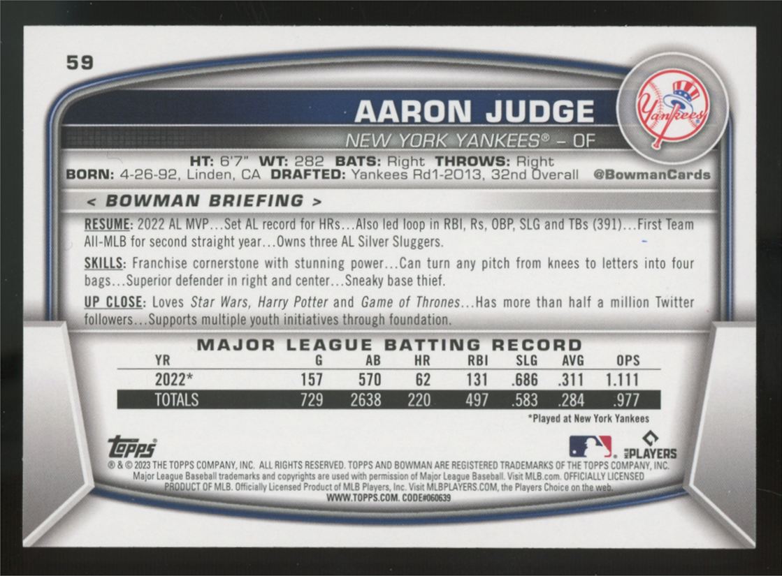 2023 Bowman Aaron Judge Sky Blue /499 #59