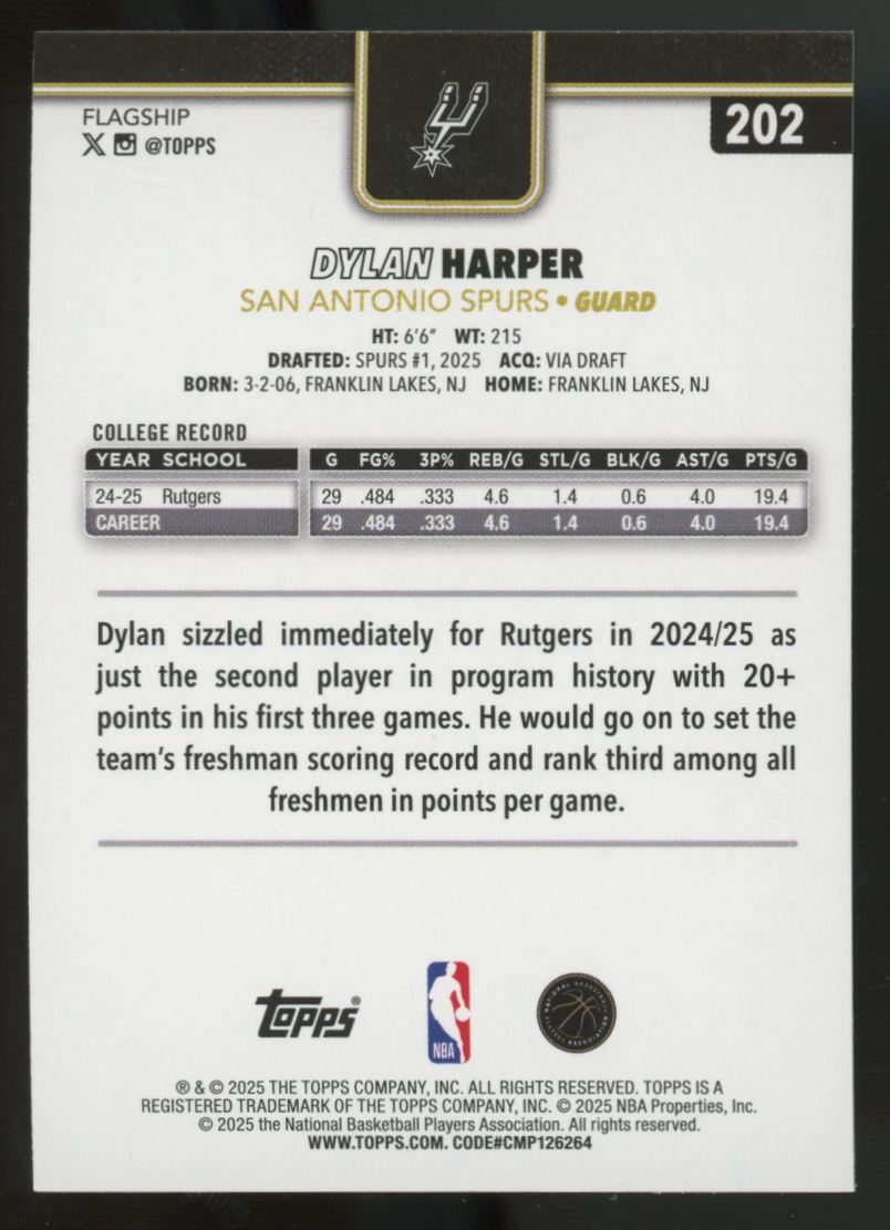 2025-26 Topps Dylan Harper RC Blackout #202