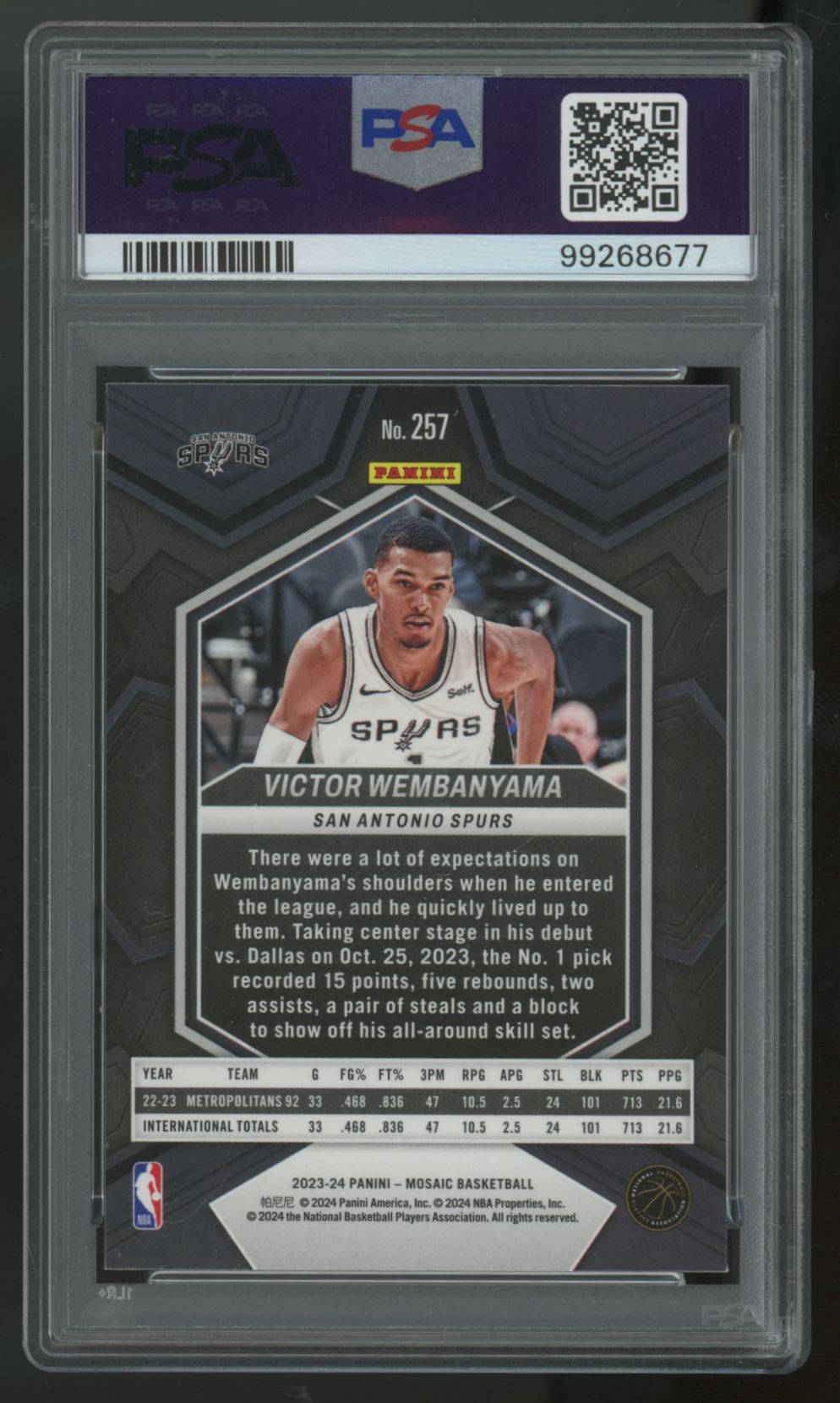 2023 Mosaic Victor Wembanyama RC NBA Debut #257 PSA 9