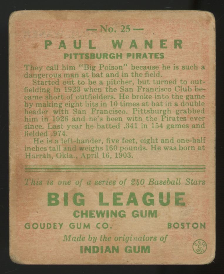 1933 Goudey Paul Waner #25 F/G