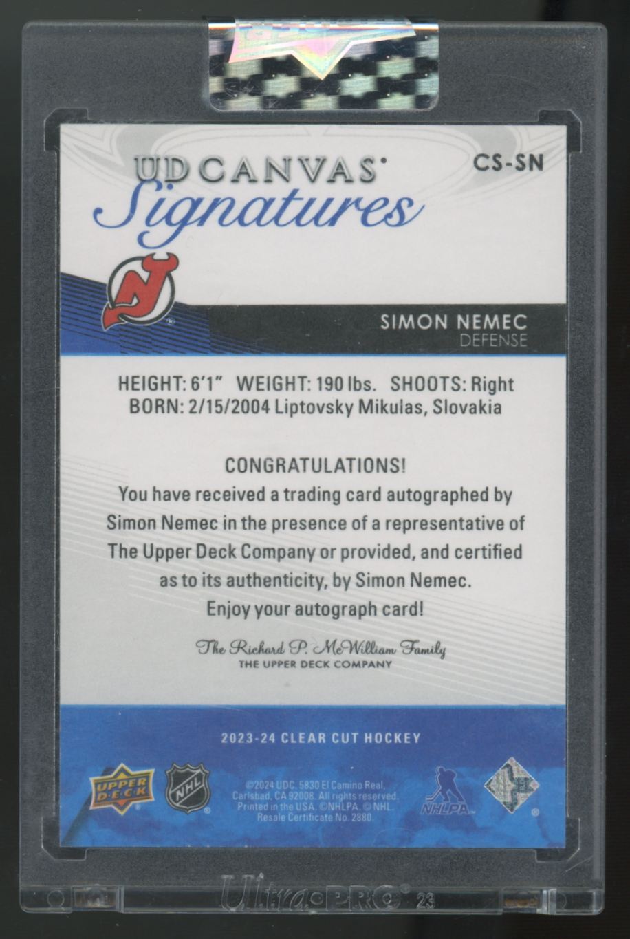 2023-24 Upper Deck Clear Cut Simon Nemec RC Canvas #CS-SN