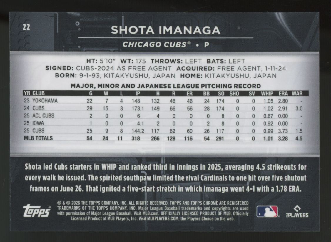 2026 Topps Chrome Black Shota Imanaga Orange Mini-Diamond /25 #22