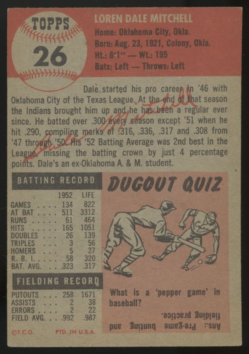 1953 Topps Dale Mitchell #26 EX/MT