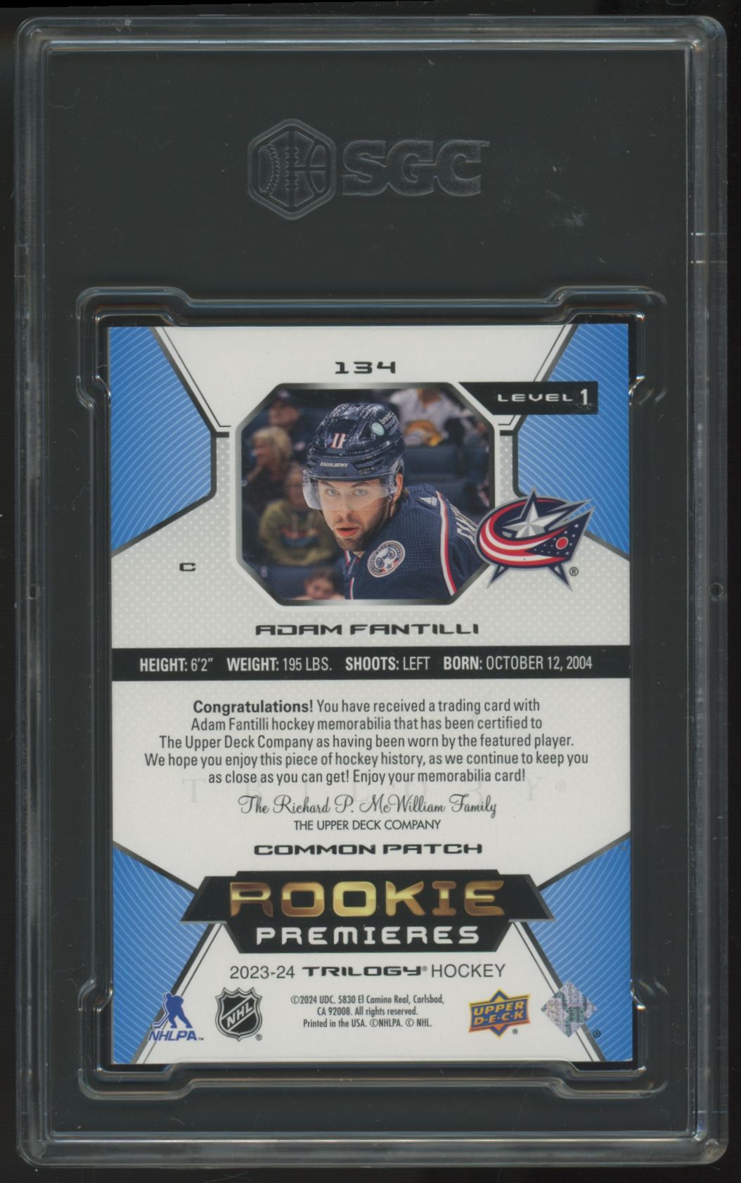 2023-24 Upper Deck Trilogy Adam Fantilli RC Premiers Patch /49 #134 SGC 8.5