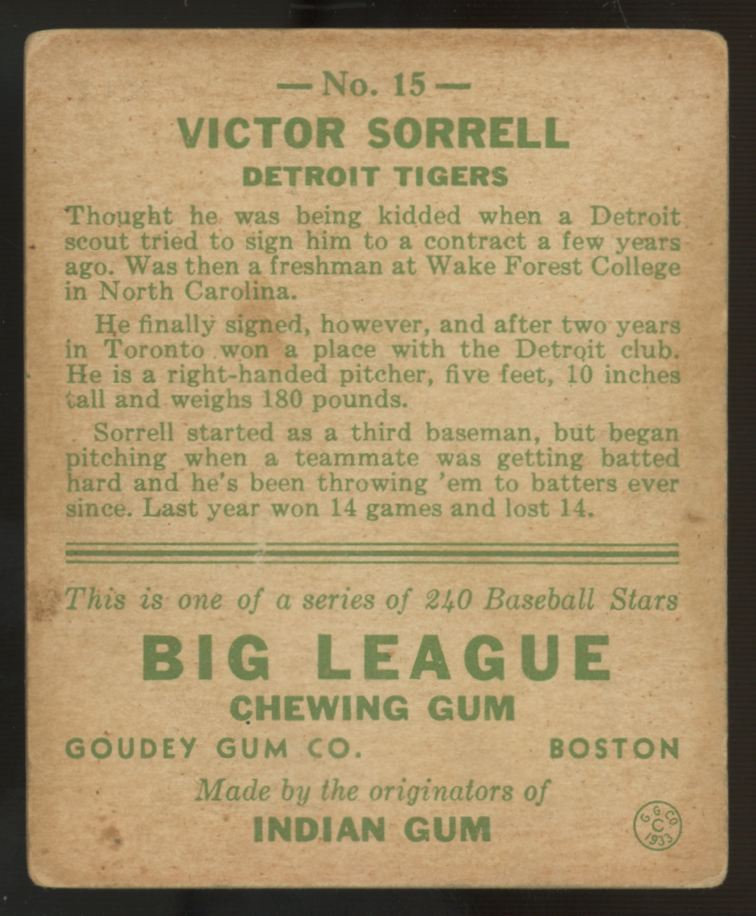 1933 Goudey Victor Sorrell #15 VG