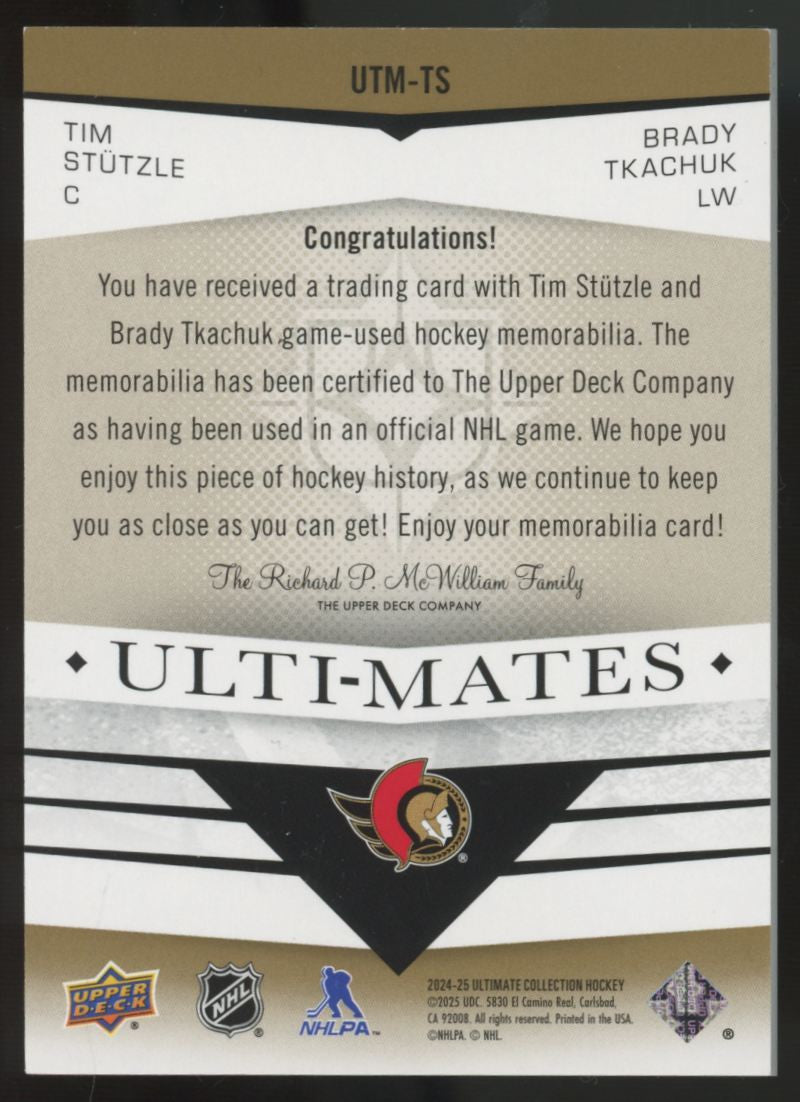 2024-25 UD Ultimate Collection Stutzle/Tkachuk Ulti-Mates Dual Patch /49 #UTM-TS