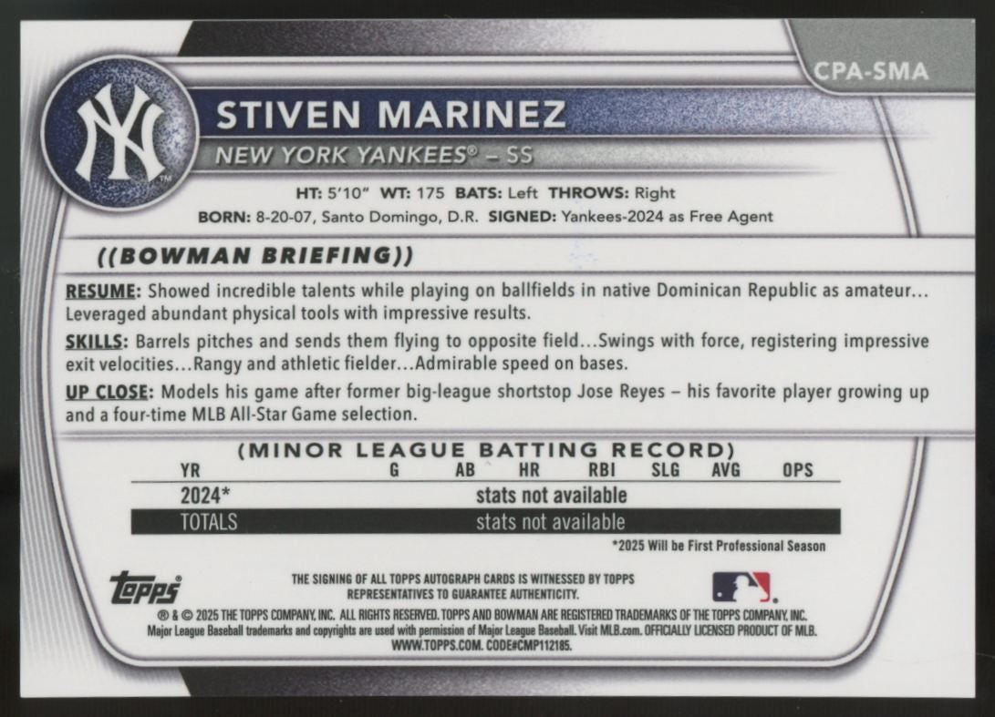2025 Bowman Chrome Stiven Marinez 1st Prospect Blue Refractor Auto /150 #CPA-SMA