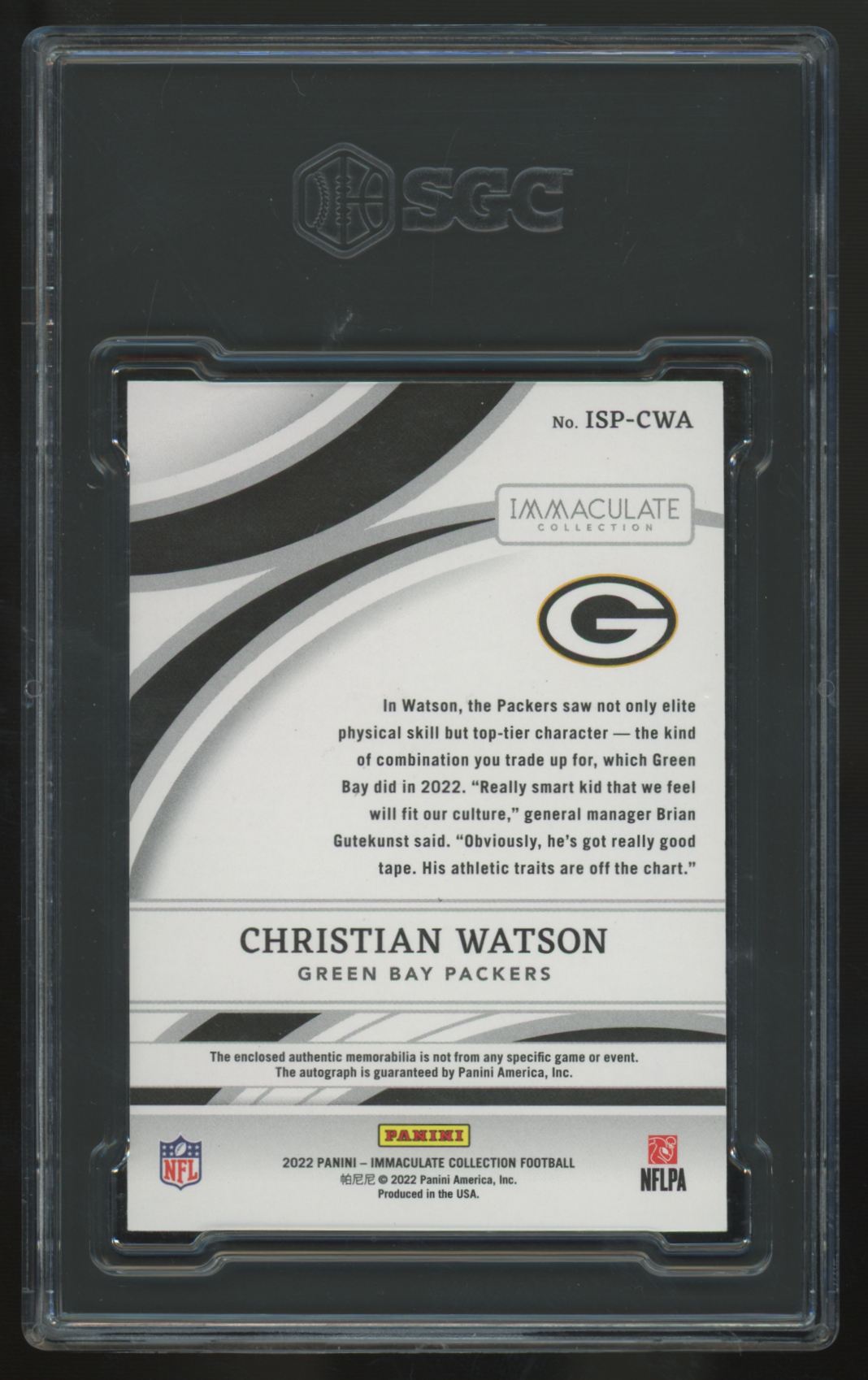 2022 Immaculate Christian Watson RC Dual Patch Auto RPA /99 #ISP-CWA SGC 9