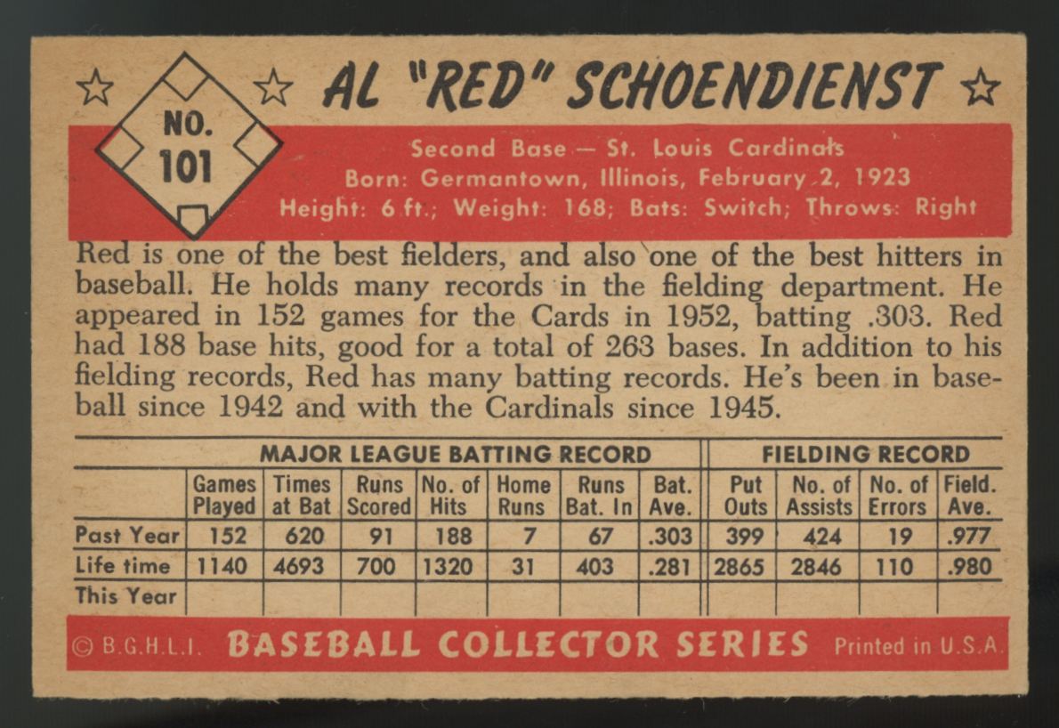 1953 Bowman Color Al "Red" Schoendienst #101 EX