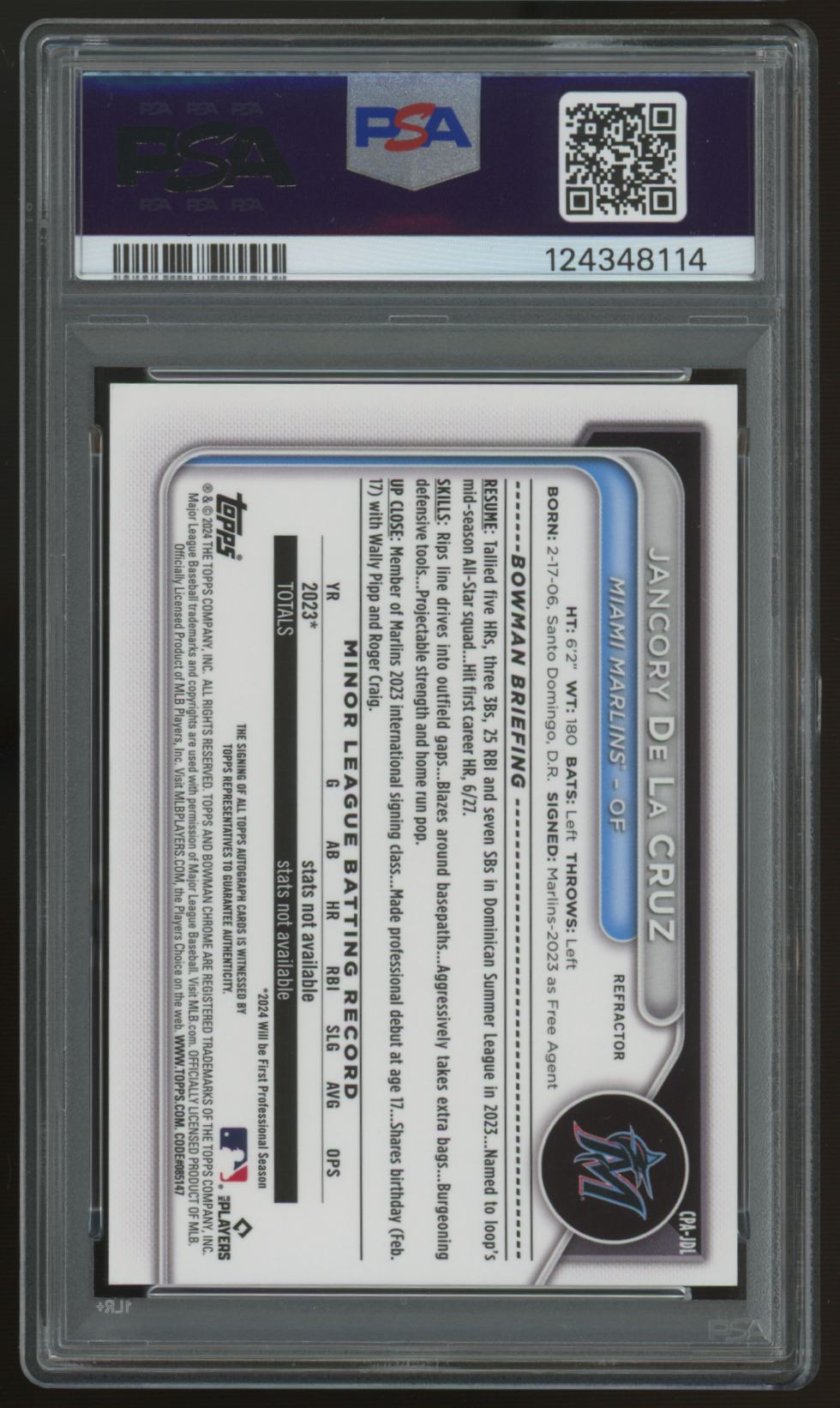 2024 Bowman Chrome Jancory De La Cruz 1st Refractor Auto /499 #CPA-JDL PSA 9